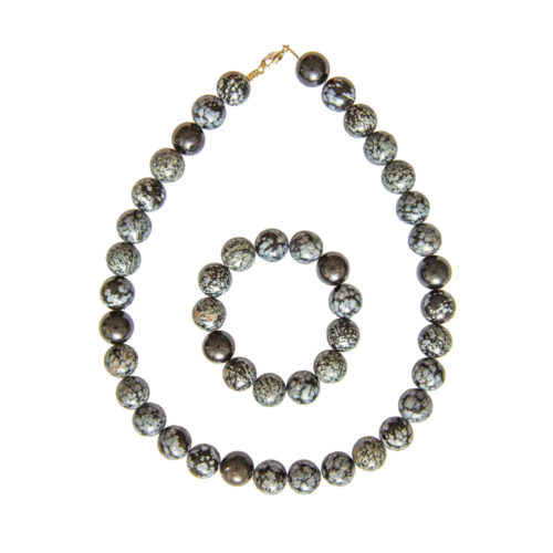 parure obsidienne neige pierres boules 14mm