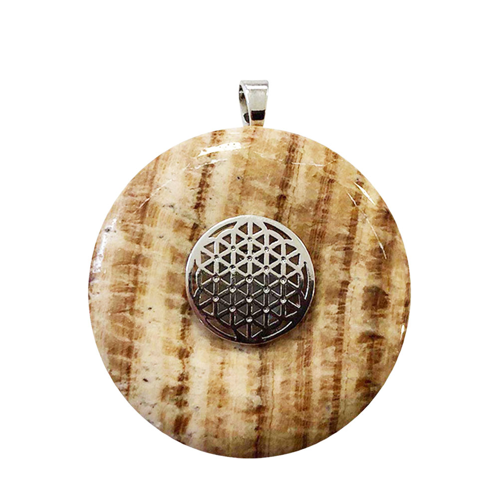 pendentif-aragonite-marron-pi-chinois-donut-fleur-de-vie-40mm pendentif aragonite marron pi chinois