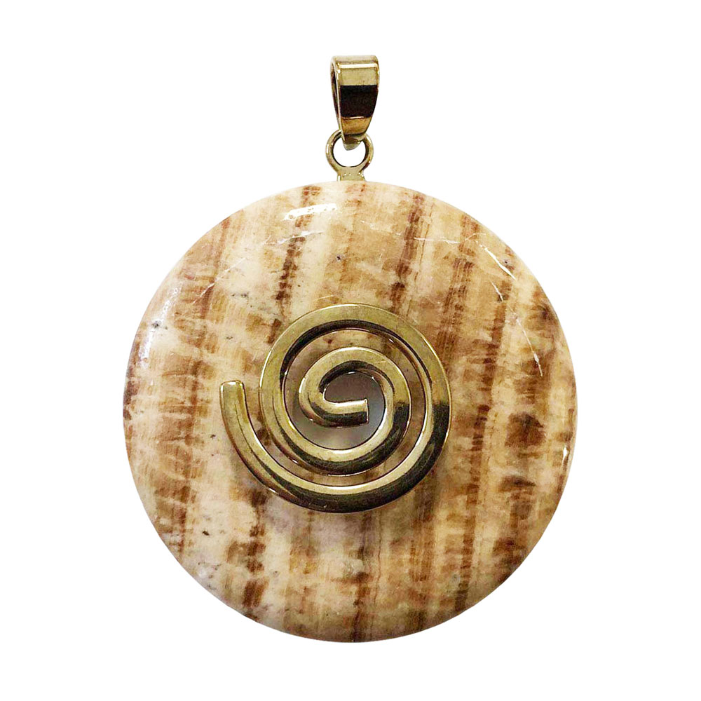 pendentif-aragonite-marron-pi-chinois-donut-spirale-doree-40mm pendentif aragonite marron pi chinois